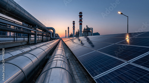 Wide angle view of industrial steel pipelines and solar panel array under clear blue sky at sunrise.