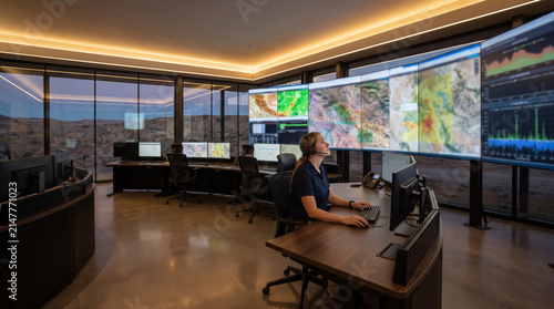 Remote industrial control center female operator monitoring vehicle telemetry maps on large curved screens modern workplace safety security technology concept