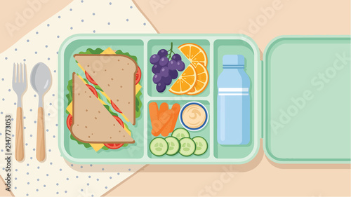 Top view illustration of a healthy balanced school lunch box with a fresh sandwich grapes orange slices and crisp vegetable sticks