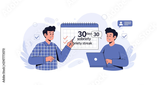 Man tracking 30-day sobriety streak on calendar, celebrating success with friend via laptop