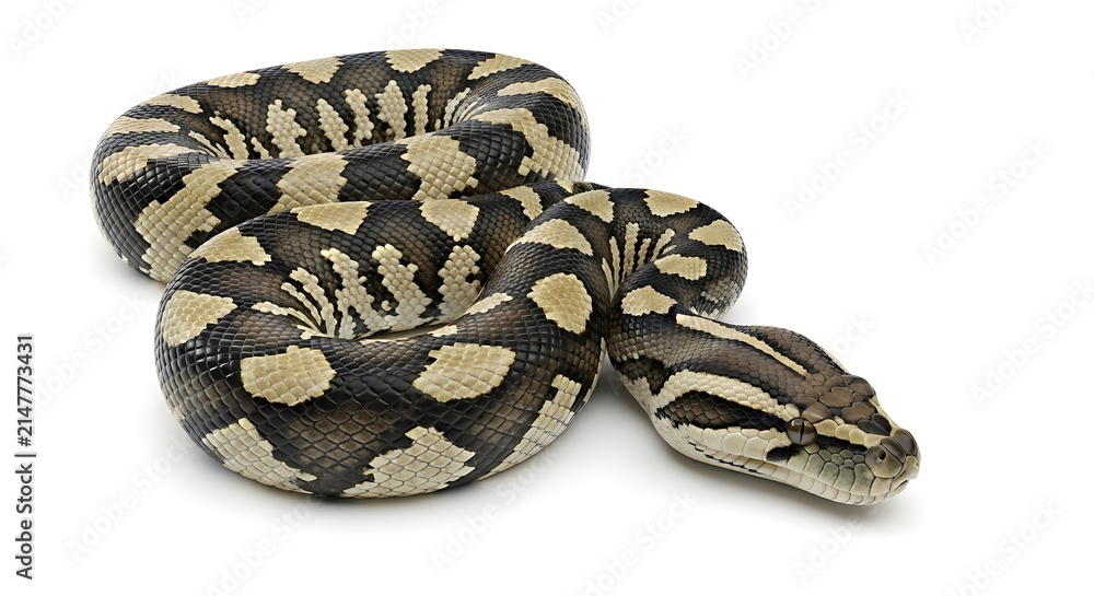 Fototapeta premium Large patterned python coiled on a white background