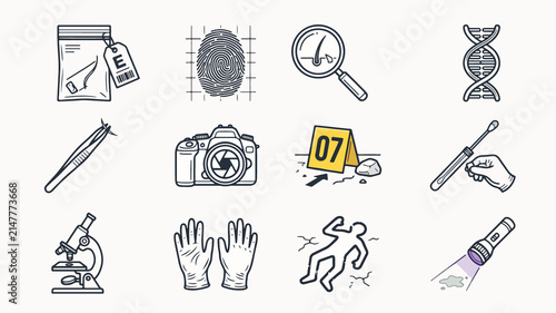 Forensic Investigation and Crime Scene Evidence Collection Equipment Icon Set for Criminalistic Analysis and Laboratory Research