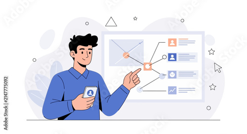 Man with smartphone pointing at a flowchart on a screen, illustrating data analysis and project management concepts.