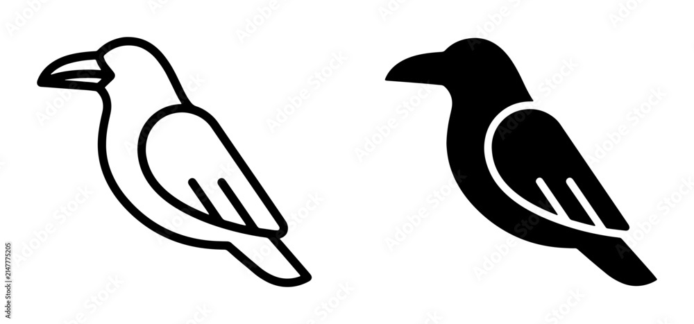 Fototapeta premium Minimalist Crow Icons, Black Silhouette and Outline Vector Art, Simple Bird Graphics for Design