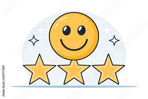 Yellow smiley face icon featuring three golden star shapes below for user experience rating feedback concepts depicted in a clean flat modern vector illustration style