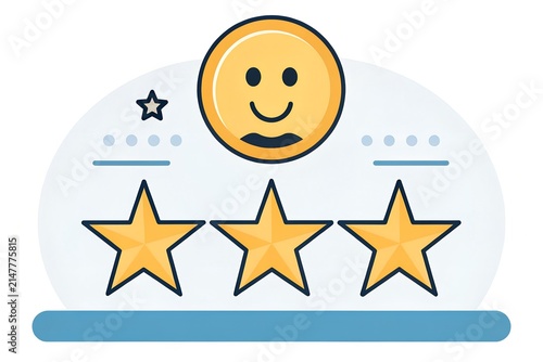 Three golden stars rating icon displaying a happy yellow smiley face symbol for excellent customer service feedback experience in a modern flat minimalist vector style