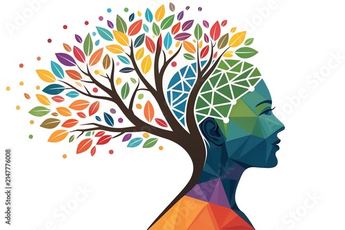 Human silhouette profile featuring a vibrant tree growing from the brain area with colorful geometric shapes and leaves representing nature growth intelligence and creativity concept