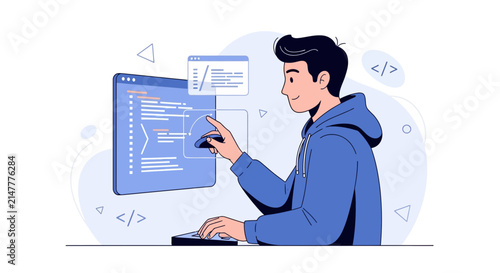 Programmer Coding on Computer, Software Development Concept, Young Man Working in IT Industry