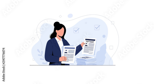 Recruiter Reviews Resumes, Selects Top Talent for Hiring, Vector Illustration