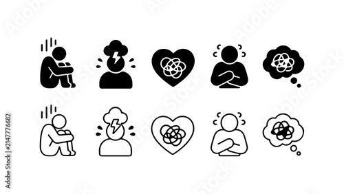 Mental Health and Stress Icon Set in Silhouette and Outline Style