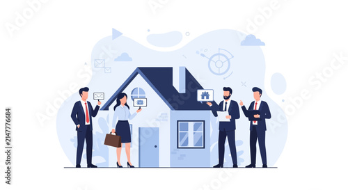 Real Estate Agents Presenting House with Digital Information and Analytics