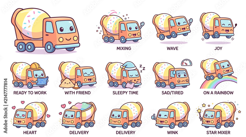 Naklejka premium Cute Cement Mixer Character Set: Emotions and Actions, Isolated