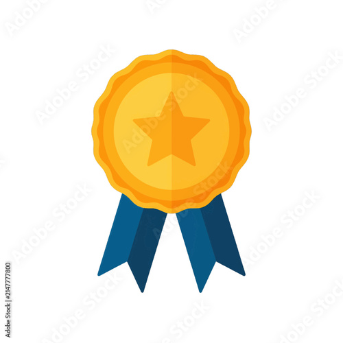 Golden award medal with a star symbol and blue ribbons for achievement and success isolated on transparent background, Vector