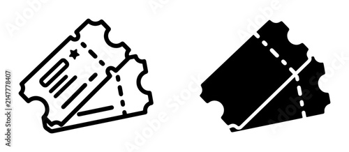 Two Tickets Vector Icon Set, Outline and Solid Fill, Event Admission Pass Graphics, Entertainment Access Symbols