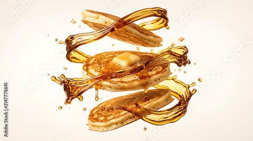 Naklejka Floating pancake stack with maple syrup splash on white background