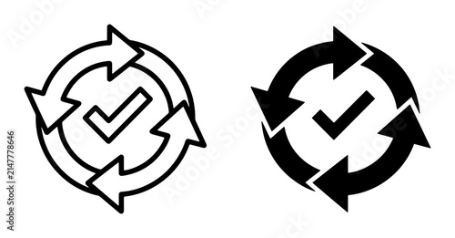 Recycle Symbol Icons, Circular Arrows and Checkmark Graphics, Sustainable Process Vector Set