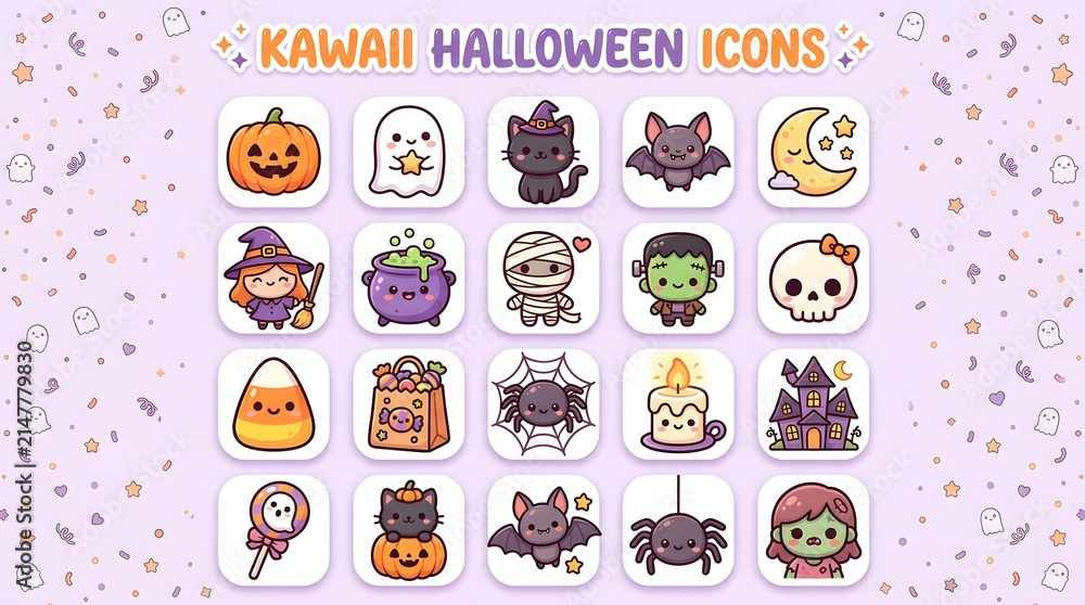 Fototapeta premium Set of Cute Kawaii Style Halloween Icons