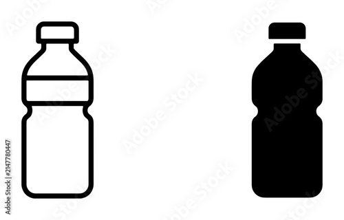 Two Plastic Water Bottles, Outline and Solid Silhouette, Refreshment and Hydration Icons, Clear Liquid Container Graphics