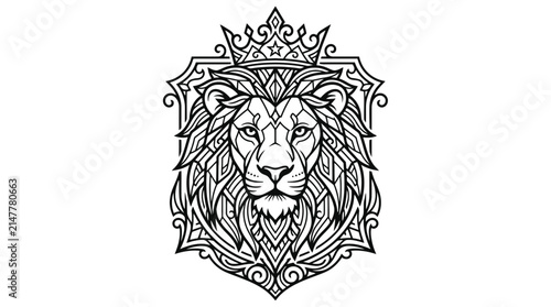 Lion head crest emblem with crown in black and white line art