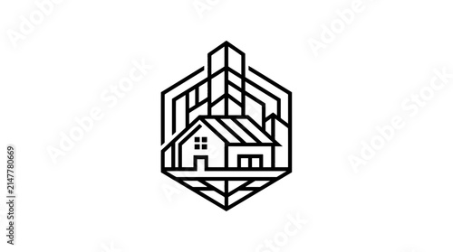 Hexagonal Real Estate Emblem with House and Skyscraper Line Art