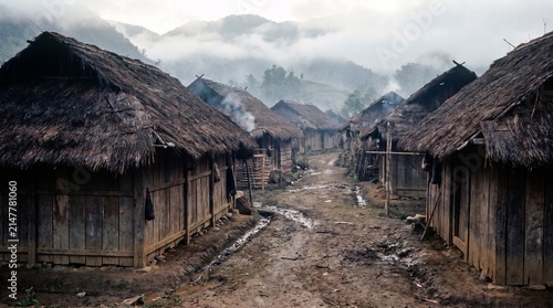 Traditional Hmong Mountain Village with Wooden Huts and Morning Fog in Rural Laos