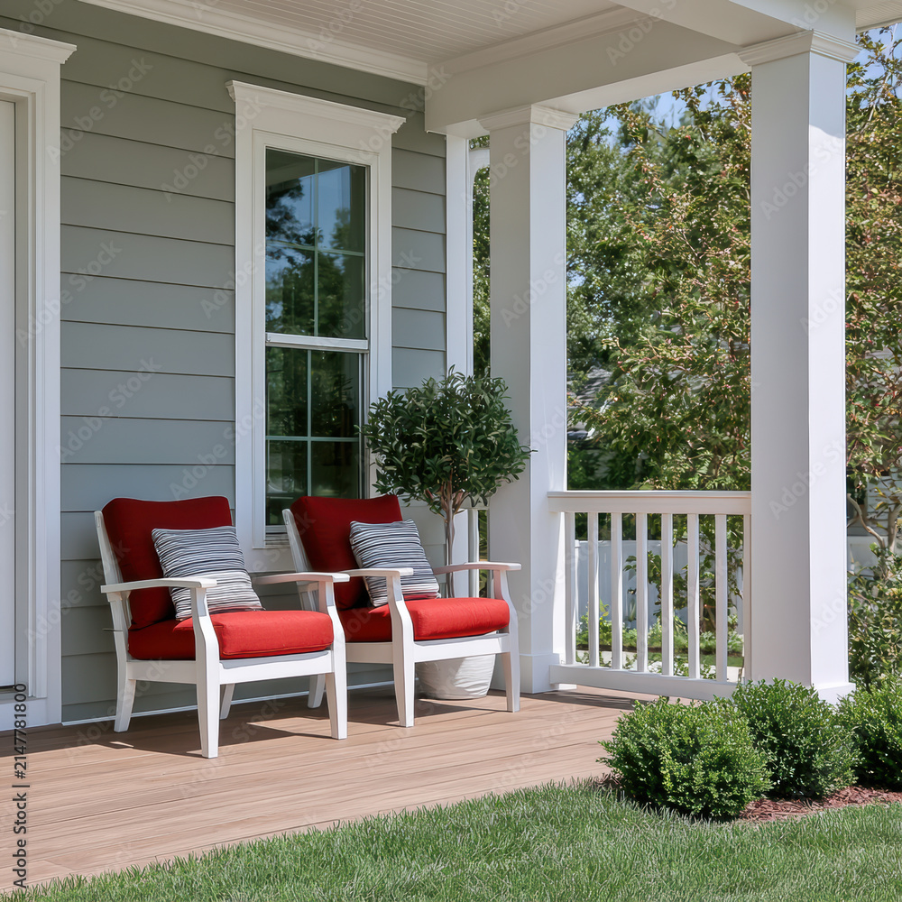Fototapeta premium Red chair porch white column window cushion outdoor summer green plant wooden floor peaceful