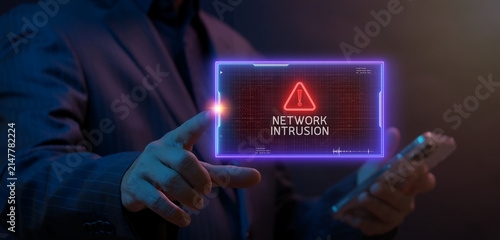 Canvastavla Businessman finger touching glowing HUD warning alert window displaying NETWORK INTRUSION text with triangle icon