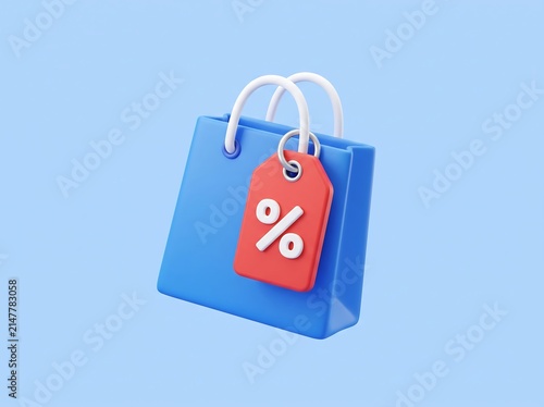3D blue shopping bag with a red discount percentage tag shopping discount percentage commerce
