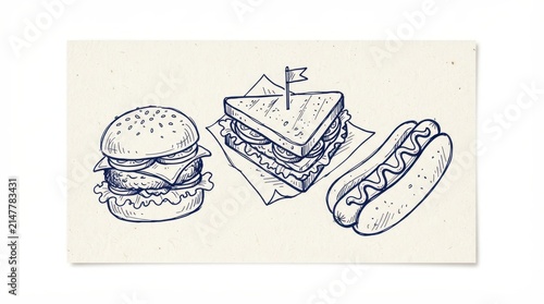 Fast food sketch set with burger, sandwich, and hot dog