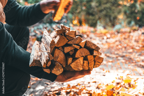 Heating season.Person Carrying Stack of Firewood. Solid natural heating fuel.man holds an armful of chopped firewood. Preparing firewood for the fall heating season.Preparation and storage of firewood