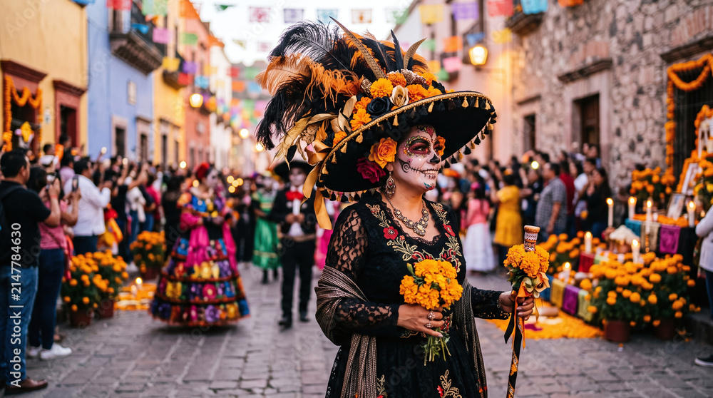 Obraz premium La Catrina woman in skull makeup holding marigolds at Day of the Dead parade