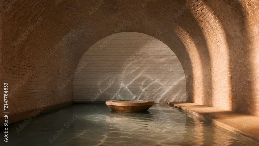 Fototapeta premium Warm earthy arched niche with wooden bowl and rippling light Mediterranean interior
