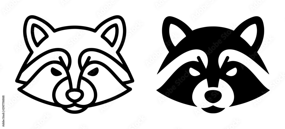 Fototapeta premium Raccoon Face Icons, Black and White Vector Graphics, Animal Head Emblems for Wildlife and Nature Themes