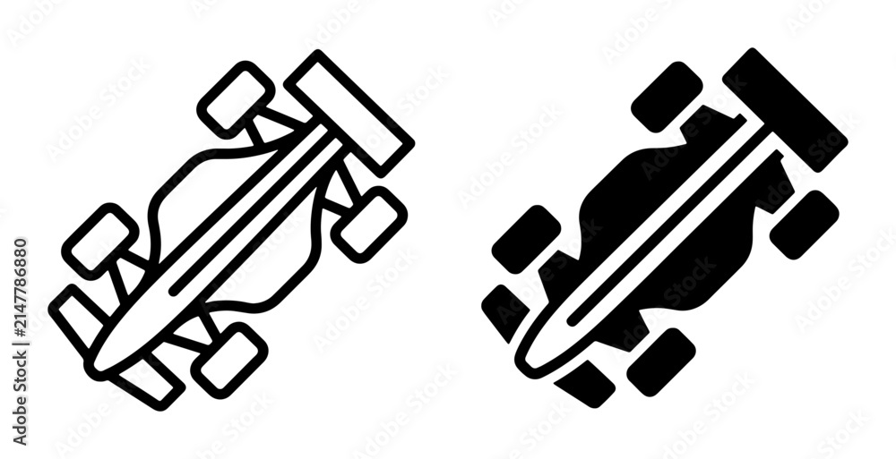 Naklejka premium Formula 1 Racing Car Icons, Speeding Vehicle Vector Graphics, Motorsport Competition Symbols, Black and White Line Art and Silhouette Designs