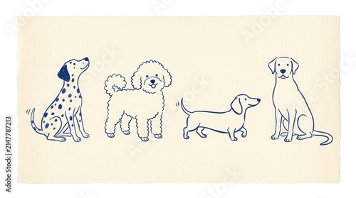 Set of four cute handdrawn dog breeds in blue line art style