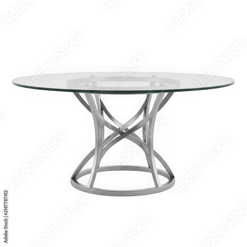 Modern round dining table with glass top and decorative silver metal base for home interior isolated on transparent background , PNG