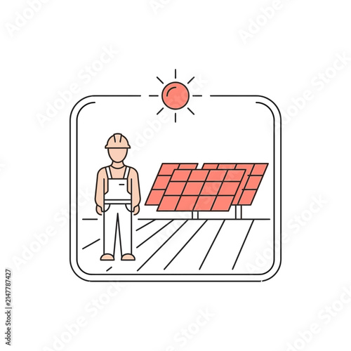 Solar panel installation line art with worker technician.