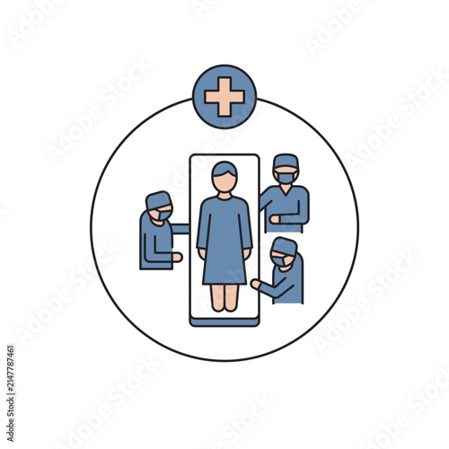 Surgery medical team icon around patient on table.