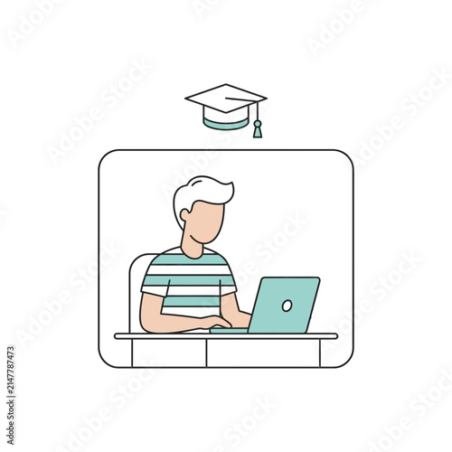 Student learning online with laptop and graduation cap