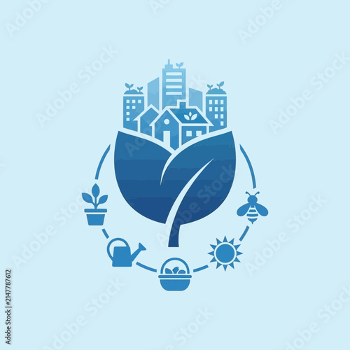 Sustainable urban city growing from blue leaf icon.