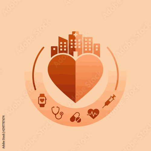 Urban health icon with heart shape and city skyline.