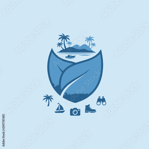 Tropical island travel icons inside leaf shape graphic.