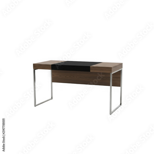 Modern wooden office desk with black leather top and metal legs for home or workplace isolated on transparent background , PNG