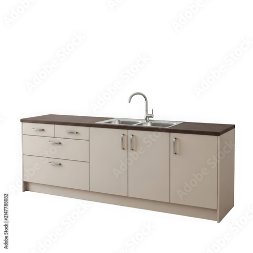 Modern kitchen cabinet unit with sink and metal faucet for home interior design isolated on transparent background , PNG