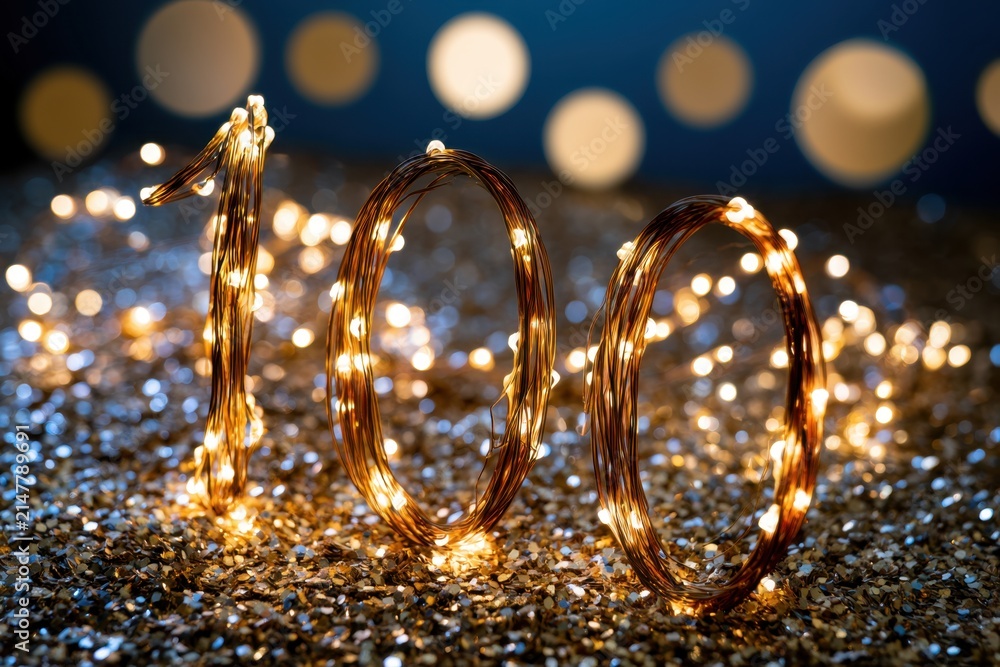Naklejka premium Festive celebration of a special milestone with glowing string lights shaped as the number one hundred on shimmering sparkling surface with bokeh background