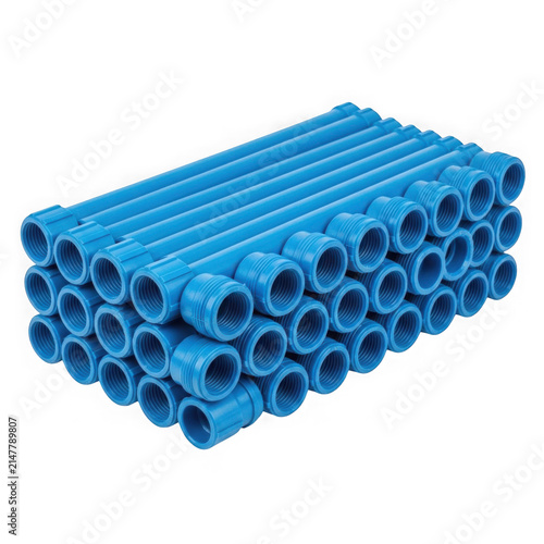 Stack of blue plastic pvc pipes for plumbing and construction work isolated on transparent background , PNG