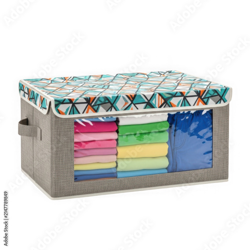 Grey fabric storage box with colorful patterned lid and transparent front window for home organization isolated on transparent background , PNG
