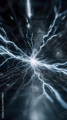 Dynamic blue lightning bolts bursting from a powerful central core against a dark background.