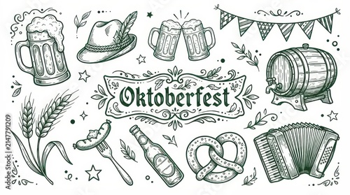 Oktoberfest festival handdrawn doodle set, beer, pretzel, sausage, accordion, barrel