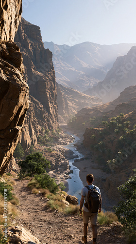 Hiking through a canyon in the early morning sunlight near a river